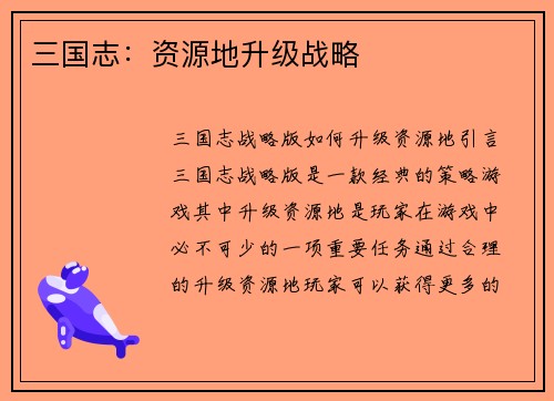 三国志：资源地升级战略